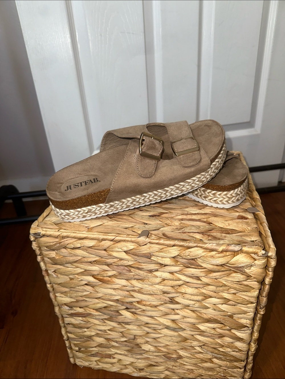 JustFab Women’s Beige Suede Double Buckle Platform Slide